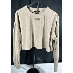 Fancy Homebody Women's Medium Cropped Sweatshirt Beige Tan Long Sleeve